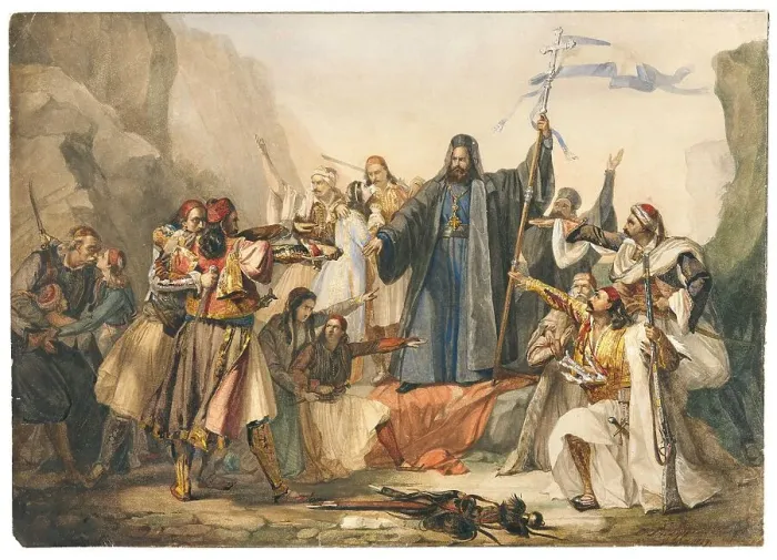 Framed Print : The Metropolitan Germanos raising the banner of freedom (Scene from the Greek struggle... 1829. Creator: Lipparini, Ludovico (1802-1856) Framed Print : The Metropolitan Germanos raising the banner of freedom (Scene from the Greek struggle... 1829. Creator: Lipparini, Ludovico (1802-1856)