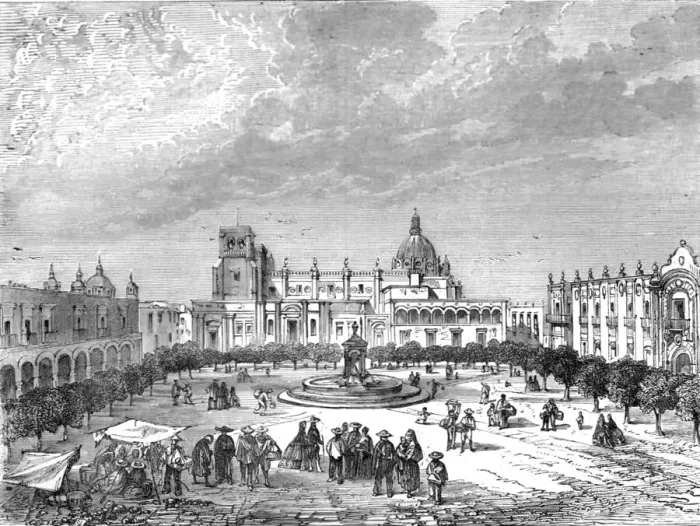 Framed Print : A Mexican Plaza Grande; A zigzag journey through Mexico, 1875. Creator: Thomas Mayne Reid Framed Print : A Mexican Plaza Grande; A zigzag journey through Mexico, 1875. Creator: Thomas Mayne Reid