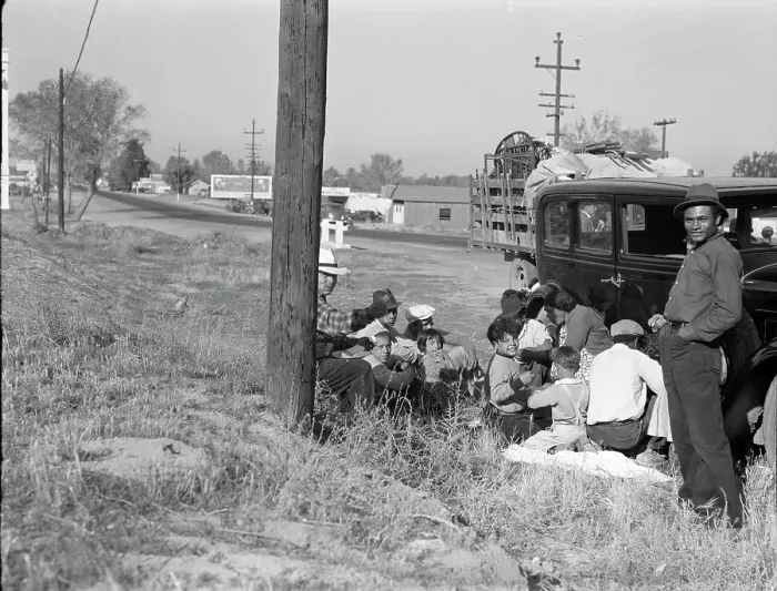Framed Print : Mexicans bound for the Imperial Valley to harvest peas, near Bakersfield, California, 1936. Creator: Dorothea Lange Framed Print : Mexicans bound for the Imperial Valley to harvest peas, near Bakersfield, California, 1936. Creator: Dorothea Lange