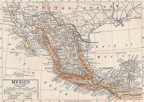 Mexico. Detailed and scaled map of Mexico with geographical features and place names