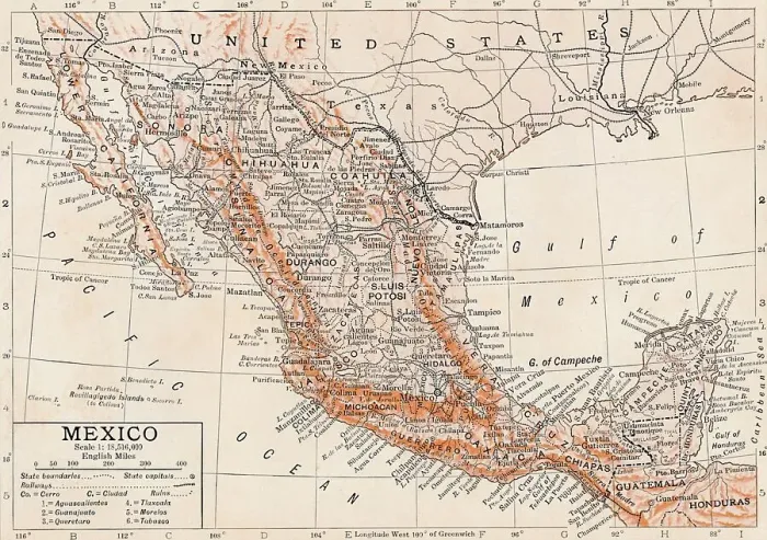 Framed Print : Mexico. Detailed and scaled map of Mexico with geographical features and place names