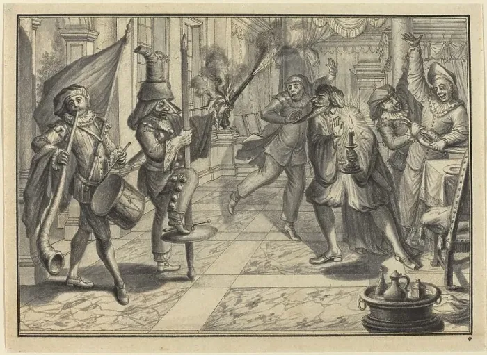 Framed Print : Mezzetin and Harlequin, Disguised as the Captain, Disrupt Pantaloon's Dinner, c. 1729. Creator: Johann Jakob Schübler Framed Print : Mezzetin and Harlequin, Disguised as the Captain, Disrupt Pantaloon's Dinner, c. 1729. Creator: Johann Jakob Schübler