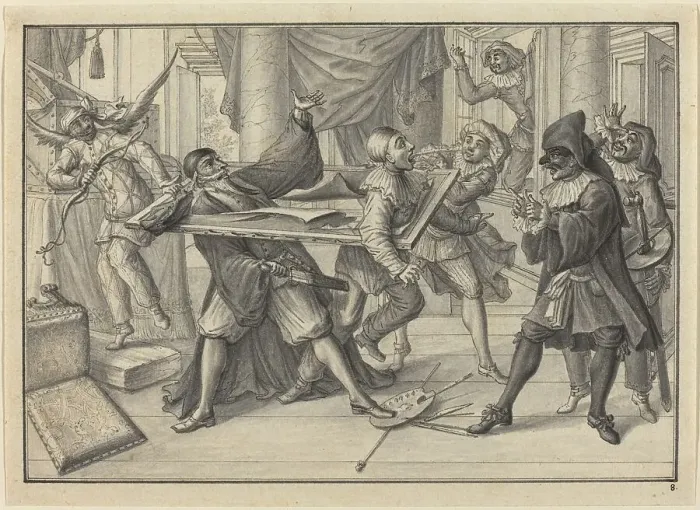 Framed Print : Mezzetin and Harlequin Use the Picture Frame to Catch Pantaloon and Pierrot, c. 1729. Creator: Johann Jakob Schübler Framed Print : Mezzetin and Harlequin Use the Picture Frame to Catch Pantaloon and Pierrot, c. 1729. Creator: Johann Jakob Schübler
