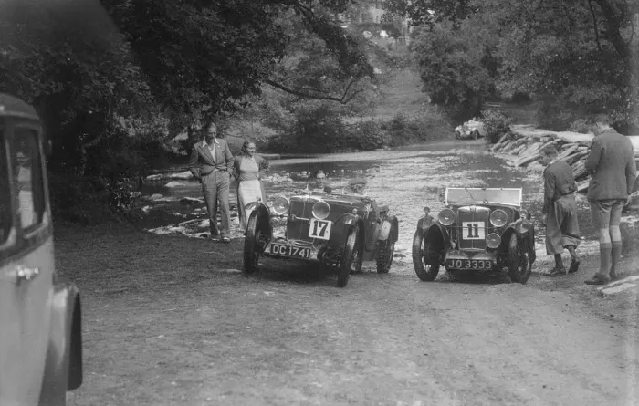 Framed Print : MG J2 and MG D type at the Mid Surrey AC Barnstaple Trial, Tarr Steps, Exmoor, 1934 Framed Print : MG J2 and MG D type at the Mid Surrey AC Barnstaple Trial, Tarr Steps, Exmoor, 1934