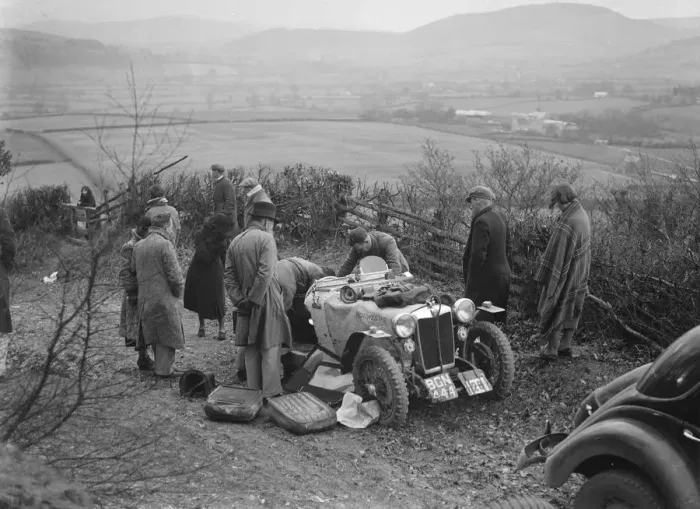 Framed Print : MG PB of K Scales getting a push during the MG Car Club Midland Centre Trial, 1938