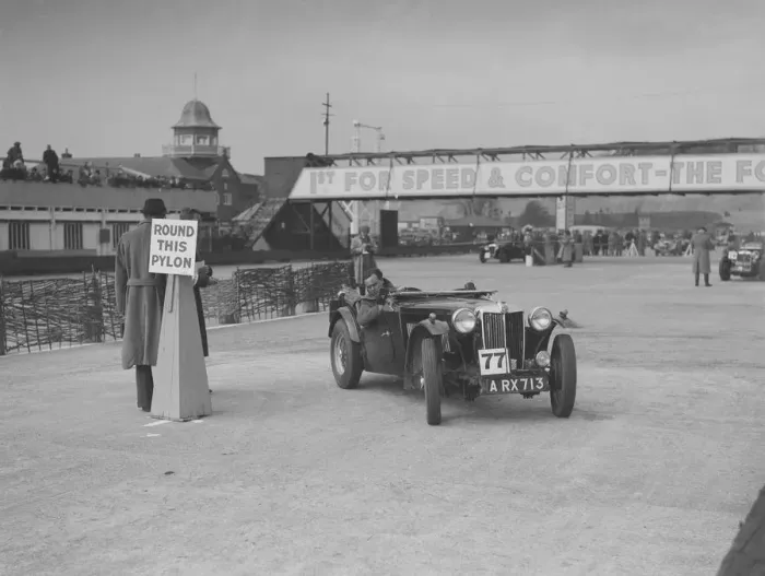 Framed Print : MG TA competing in the JCC Rally, Brooklands, Surrey, 1939. Artist: Bill Brunell Framed Print : MG TA competing in the JCC Rally, Brooklands, Surrey, 1939. Artist: Bill Brunell