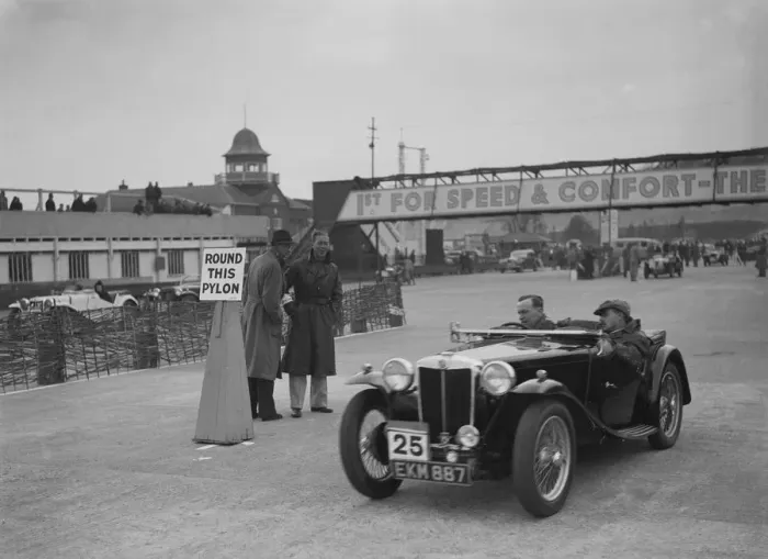 Framed Print : MG TA competing in the JCC Rally, Brooklands, Surrey, 1939. Artist: Bill Brunell Framed Print : MG TA competing in the JCC Rally, Brooklands, Surrey, 1939. Artist: Bill Brunell