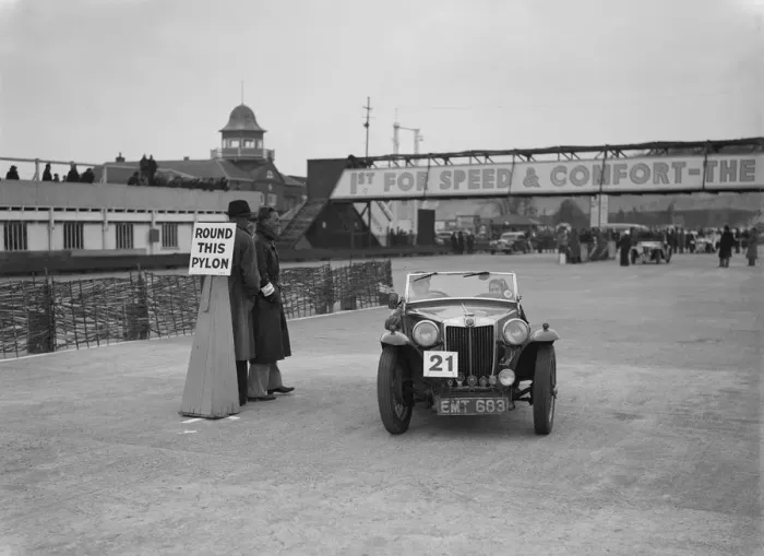 Framed Print : MG TA competing in the JCC Rally, Brooklands, Surrey, 1939. Artist: Bill Brunell Framed Print : MG TA competing in the JCC Rally, Brooklands, Surrey, 1939. Artist: Bill Brunell