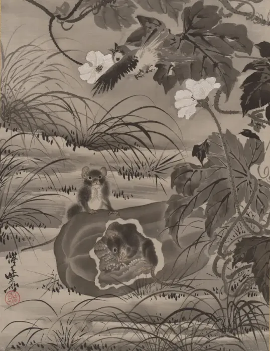 Framed Print : Mice in a Melon, ca. 1887. Creator: Kawanabe Kyosai Framed Print : Mice in a Melon, ca. 1887. Creator: Kawanabe Kyosai