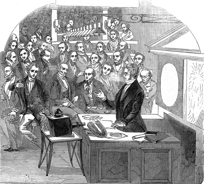 Framed Print : Michael Faraday lecturing on electricity and magnetism, Royal Institution, London, 1846 Framed Print : Michael Faraday lecturing on electricity and magnetism, Royal Institution, London, 1846