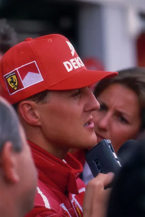 Framed Print : Michael Schumacher being interviewed, British Grand Prix, Silverstone, Northamptonshire, 1997 Framed Print : Michael Schumacher being interviewed, British Grand Prix, Silverstone, Northamptonshire, 1997
