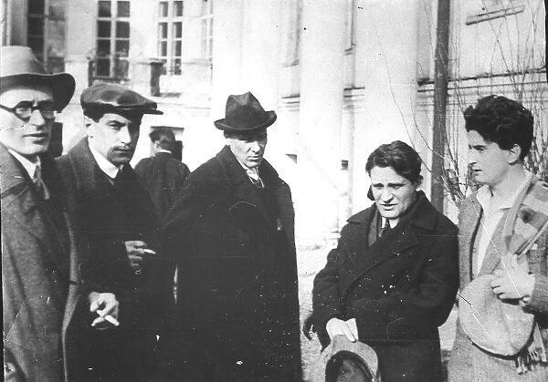 Michail Fainsilberg, Valentin Kataev, Mikhail Bulgakov, Yury Olesha and Iosif Utkin at the Funeral of Vladimir Mayakovsky, 1930