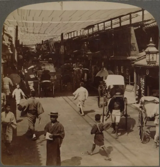 Framed Print : Mid-summer traffic under awnings of Shiro-bashidori, a busy thoroughfare of Kyoto, Japan, 1904 Framed Print : Mid-summer traffic under awnings of Shiro-bashidori, a busy thoroughfare of Kyoto, Japan, 1904