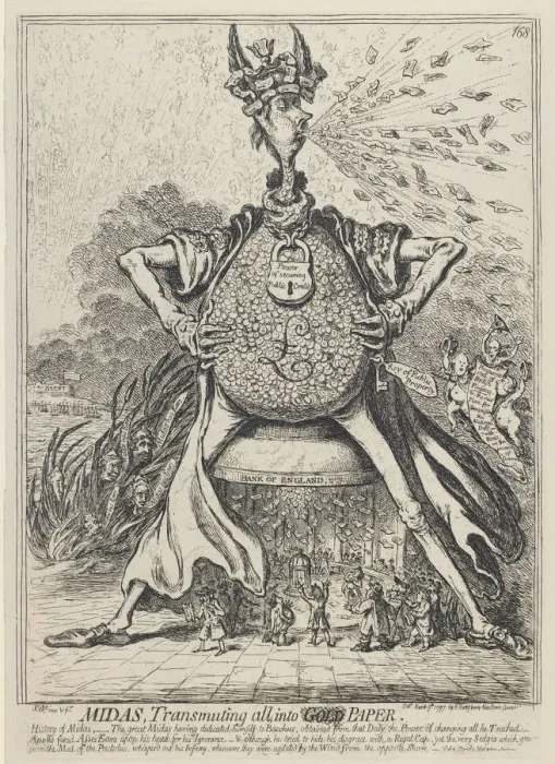 Framed Print : Midas, Transmuting all into Gold Paper, 1797. Artist: Gillray, James (1757-1815) Framed Print : Midas, Transmuting all into Gold Paper, 1797. Artist: Gillray, James (1757-1815)