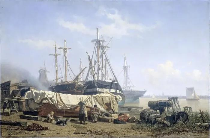 Framed Print : Midday break at a Shipyard on the Maas, 1865-1867. Creator: Johan Conrad Greive Framed Print : Midday break at a Shipyard on the Maas, 1865-1867. Creator: Johan Conrad Greive