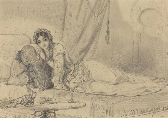Framed Print : A Middle Eastern Woman Reclining in an Exotic Setting, 1844. Creator: Edouard de Beaumont Framed Print : A Middle Eastern Woman Reclining in an Exotic Setting, 1844. Creator: Edouard de Beaumont