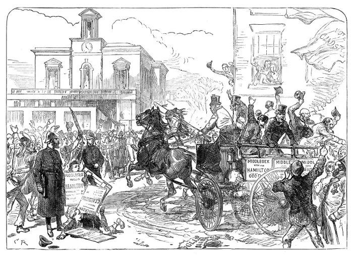 Framed Print : The Middlesex Election: two minutes to five, a sketch at Brentford on Saturday last, 1880. Creator: Unknown Framed Print : The Middlesex Election: two minutes to five, a sketch at Brentford on Saturday last, 1880. Creator: Unknown