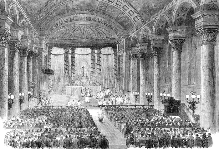 Framed Print : Midnight Mass at St. Mary's, Moorfields, on Christmas Eve, 1862. Creator: J. Williamson Framed Print : Midnight Mass at St. Mary's, Moorfields, on Christmas Eve, 1862. Creator: J. Williamson