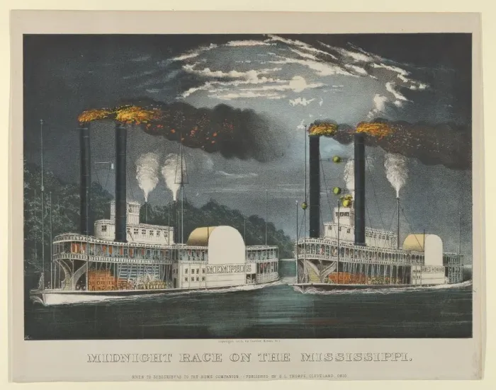Framed Print : Midnight Race on the Mississippi, 1875. 1875. Creators: Nathaniel Currier Framed Print : Midnight Race on the Mississippi, 1875. 1875. Creators: Nathaniel Currier