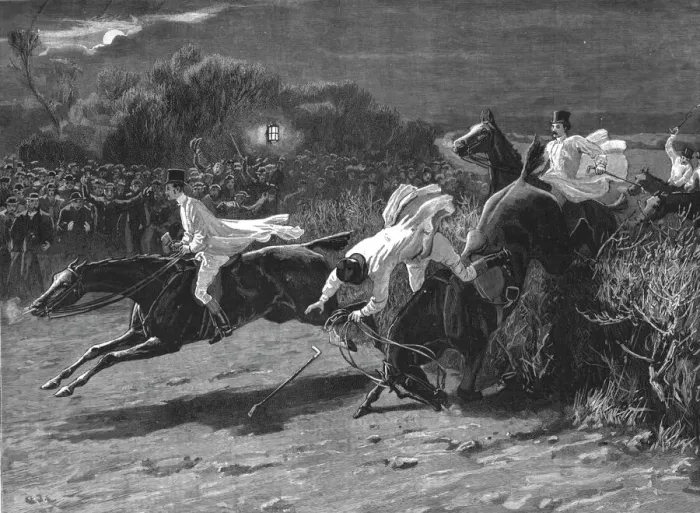Framed Print : The Midnight Steeplechase near Melton Melbury--The Finish, 1890. Creator: Unknown Framed Print : The Midnight Steeplechase near Melton Melbury--The Finish, 1890. Creator: Unknown