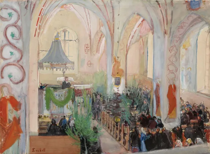 Framed Print : Midsummer Day Service in Lohja Church, 1899. Creator: Magnus Enckell Framed Print : Midsummer Day Service in Lohja Church, 1899. Creator: Magnus Enckell