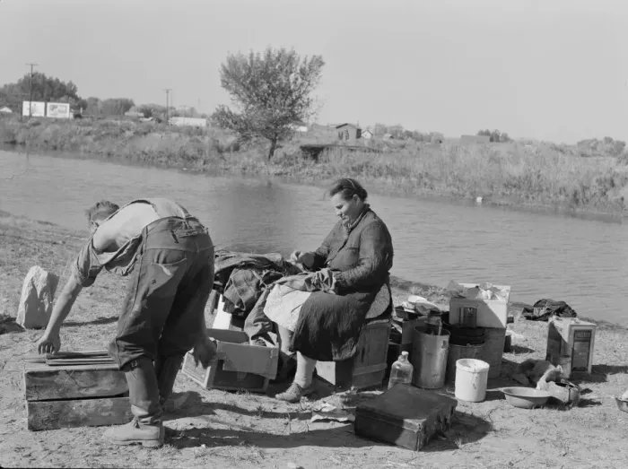 Framed Print : Migrant family cleaning up, near Vale, Malheur County, Oregon, 1939. Creator: Dorothea Lange Framed Print : Migrant family cleaning up, near Vale, Malheur County, Oregon, 1939. Creator: Dorothea Lange