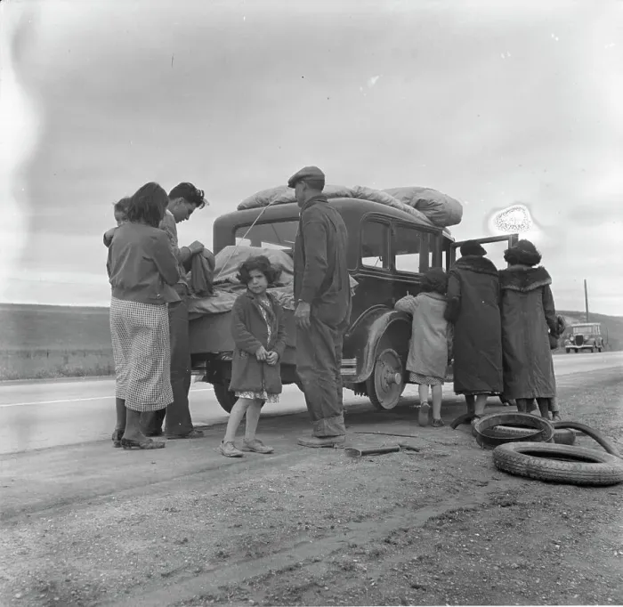 Framed Print : Migrants, family of Mexicans, on road with tire trouble, looking for work...California, 1936. Creator: Dorothea Lange Framed Print : Migrants, family of Mexicans, on road with tire trouble, looking for work...California, 1936. Creator: Dorothea Lange