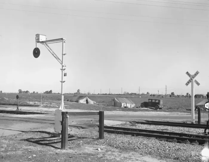 Framed Print : Migrants tents... along the right of way of the Southern Pacific, Near Fresno, California, 1939. Creator: Dorothea Lange Framed Print : Migrants tents... along the right of way of the Southern Pacific, Near Fresno, California, 1939. Creator: Dorothea Lange