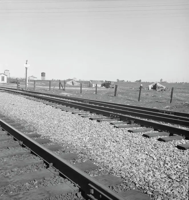 Framed Print : Migrants tents...along the right of way of the Southern Pacific, near Fresno, CA, 1939. Creator: Dorothea Lange Framed Print : Migrants tents...along the right of way of the Southern Pacific, near Fresno, CA, 1939. Creator: Dorothea Lange