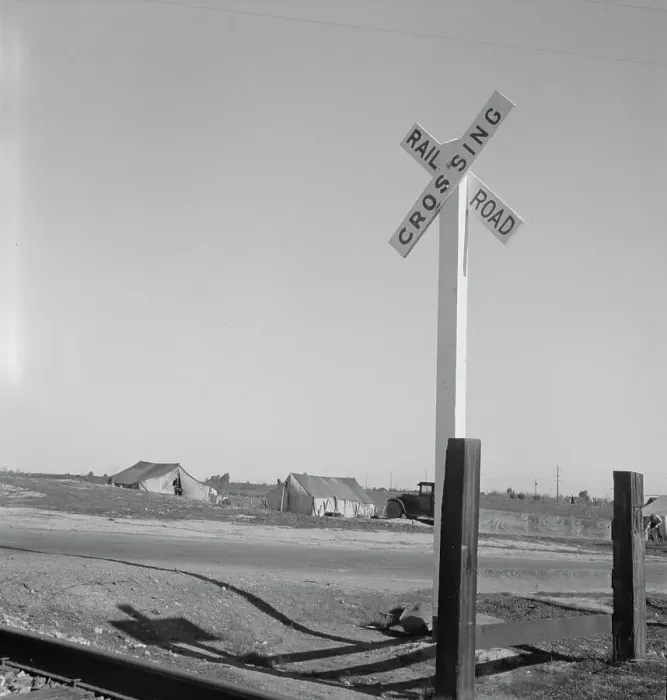 Framed Print : Migrants tents...along the right of way of the Southern Pacific, near Fresno, CA, 1939. Creator: Dorothea Lange Framed Print : Migrants tents...along the right of way of the Southern Pacific, near Fresno, CA, 1939. Creator: Dorothea Lange