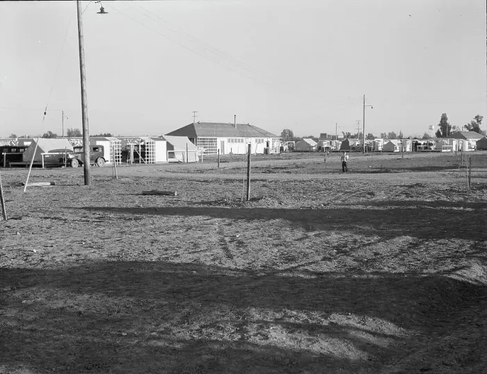Framed Print : Migratory labor camp during pea harvest, FSA, Brawley, Imperial Valley, California, 1939. Creator: Dorothea Lange Framed Print : Migratory labor camp during pea harvest, FSA, Brawley, Imperial Valley, California, 1939. Creator: Dorothea Lange