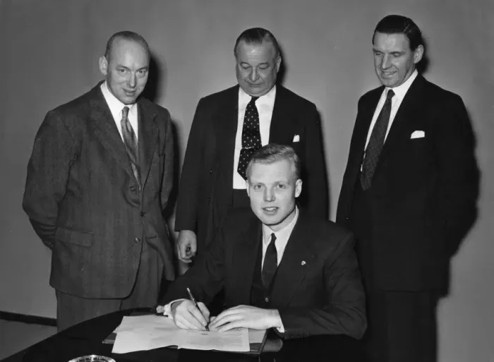 Framed Print : Mike Hawthorn signing Vanwall contract 1955. Creator: Unknown Framed Print : Mike Hawthorn signing Vanwall contract 1955. Creator: Unknown