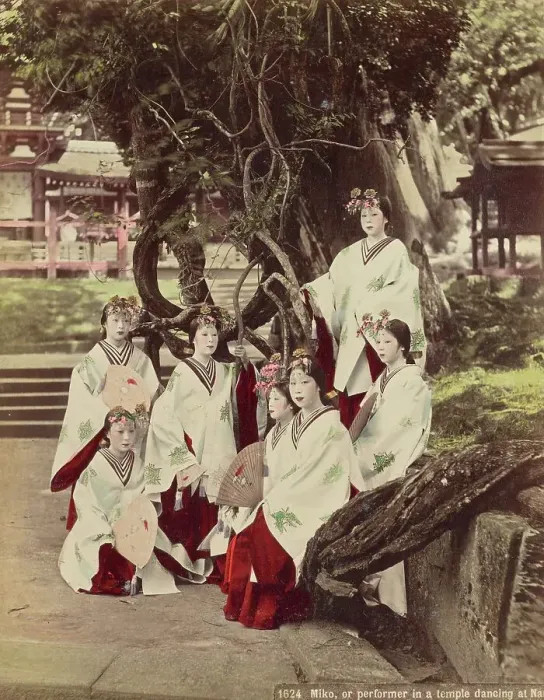 Framed Print : Miko, or Performing in A Temple Dancing at Nara, about 1890. Creator: Kusakabe Kimbei Framed Print : Miko, or Performing in A Temple Dancing at Nara, about 1890. Creator: Kusakabe Kimbei