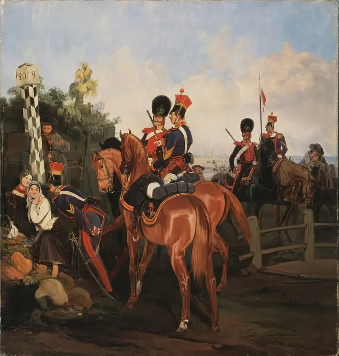 Framed Print : At the Mile Stone, 1859. Artist: Willewalde, Gottfried (Bogdan Pavlovich) (1818-1903) Framed Print : At the Mile Stone, 1859. Artist: Willewalde, Gottfried (Bogdan Pavlovich) (1818-1903)