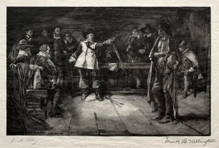 Framed Print : Miles Standishs Challenge, 1887. Creator: Frank H. Wellington (American, 1858-1911) Framed Print : Miles Standishs Challenge, 1887. Creator: Frank H. Wellington (American, 1858-1911)