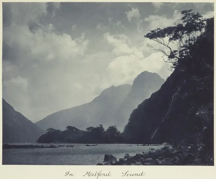 Framed Print : In Milford Sound. From the album: Camera Pictures of New Zealand, 1920s. Creator: Harry Moult Framed Print : In Milford Sound. From the album: Camera Pictures of New Zealand, 1920s. Creator: Harry Moult