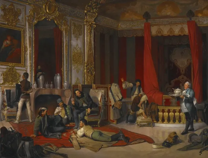 Framed Print : A Military Bivouac in a Royal Palace (Die Militarische Einquartierung in einem Hochfurstlichen Prunk Creator: Josef Munsch) Framed Print : A Military Bivouac in a Royal Palace (Die Militarische Einquartierung in einem Hochfurstlichen Prunk Creator: Josef Munsch)