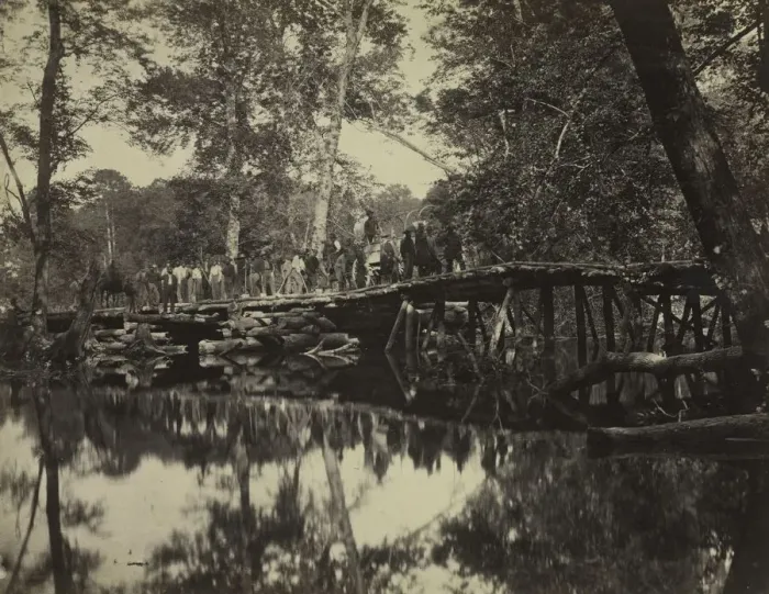 Framed Print : Military Bridge, Across the Chickahominy, Virginia, 1862. Creator: David B. Woodbury (American