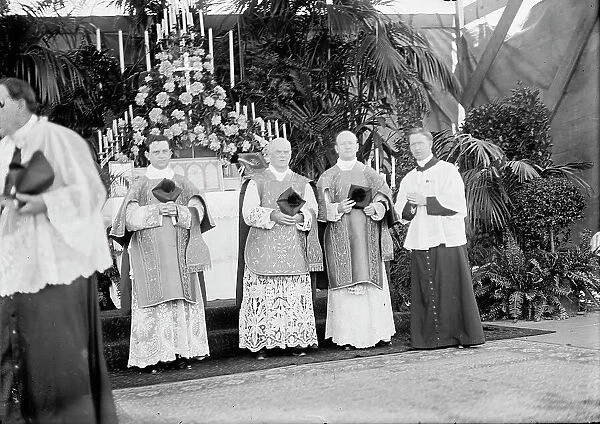 Military Field Mass By Holy Name Soc. of Roman Catholic Church - officiating Priests... 1910. Creator: Harris & Ewing. Military Field Mass By Holy Name Soc. of Roman Catholic Church - officiating Priests... 1910. Creator: Harris & Ewing