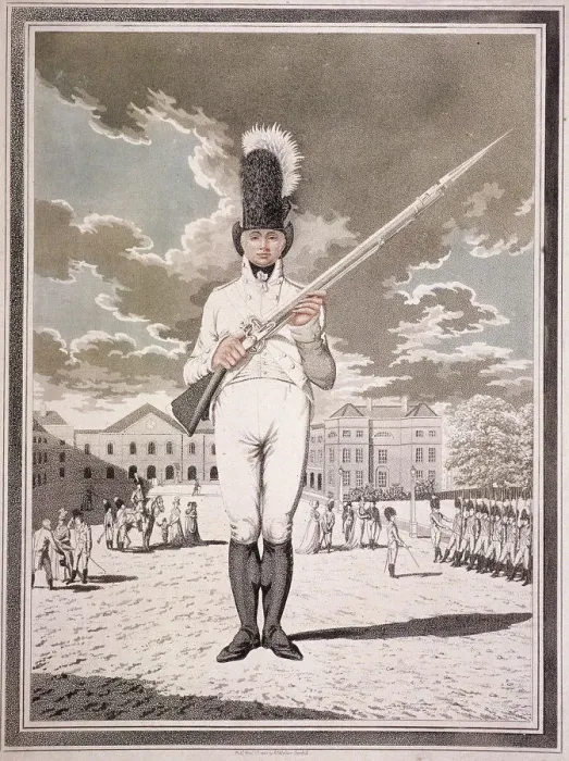 Framed Print : Military figure in the uniform of the Bloomsbury and Inns of Court Association, 1803 Framed Print : Military figure in the uniform of the Bloomsbury and Inns of Court Association, 1803