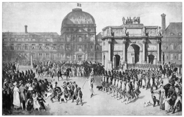 Framed Print : A military parade through Paris, France, c18th century Framed Print : A military parade through Paris, France, c18th century