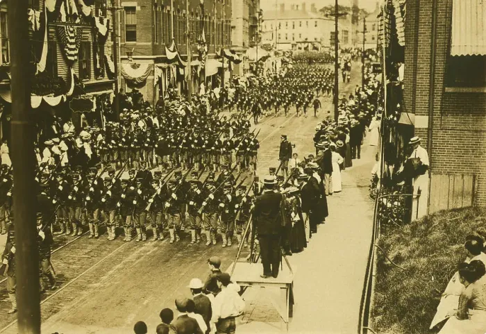 Framed Print : Military procession at Portsmouth on arrival of plenipotentiaries, 1905. Creator: Unknown Framed Print : Military procession at Portsmouth on arrival of plenipotentiaries, 1905. Creator: Unknown