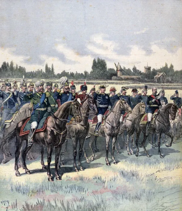 Framed Print : Military review with General Saussier and foreign military attaches, 14th July 1891. Artist: Henri Meyer Framed Print : Military review with General Saussier and foreign military attaches, 14th July 1891. Artist: Henri Meyer