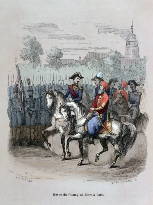 Framed Print : Military Review with Ibrahim Pacha, Champ de Mars, Paris, c1846 (1847). Artist: Gerard Corbiau Framed Print : Military Review with Ibrahim Pacha, Champ de Mars, Paris, c1846 (1847). Artist: Gerard Corbiau