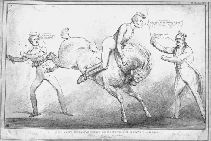 Framed Print : Military Rough-Riders Breaking an Unruly Animal, 1833. Creator: John Doyle Framed Print : Military Rough-Riders Breaking an Unruly Animal, 1833. Creator: John Doyle