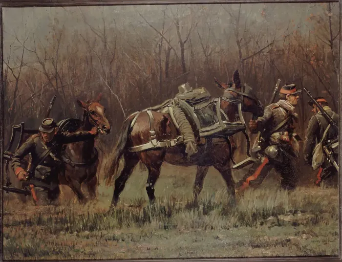 Framed Print : Military scene: mobile units leading ambulance mules (fragment of the panorama of Champigny), 1881. Creator: Jean Baptiste Edouard Detaille Framed Print : Military scene: mobile units leading ambulance mules (fragment of the panorama of Champigny), 1881. Creator: Jean Baptiste Edouard Detaille