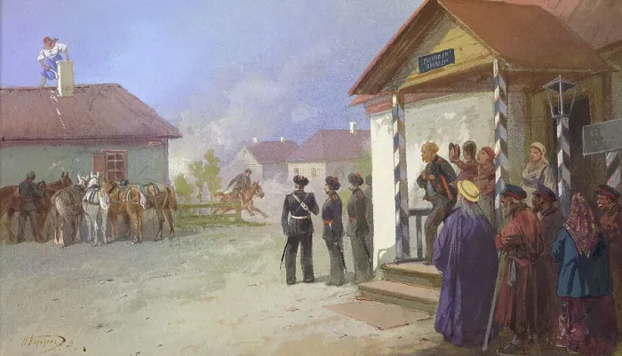Framed Print : Military Settlement Service of the Siberian Cossacks Welcoming the Authorities, 19th century. Creator: Nikolay Nikolaevich Karazin Framed Print : Military Settlement Service of the Siberian Cossacks Welcoming the Authorities, 19th century. Creator: Nikolay Nikolaevich Karazin