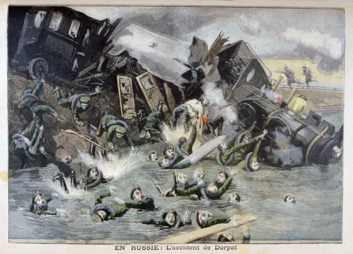 Framed Print : Military train accident in Dorpat, Russia, 1897. Artist: F Meaulle Framed Print : Military train accident in Dorpat, Russia, 1897. Artist: F Meaulle