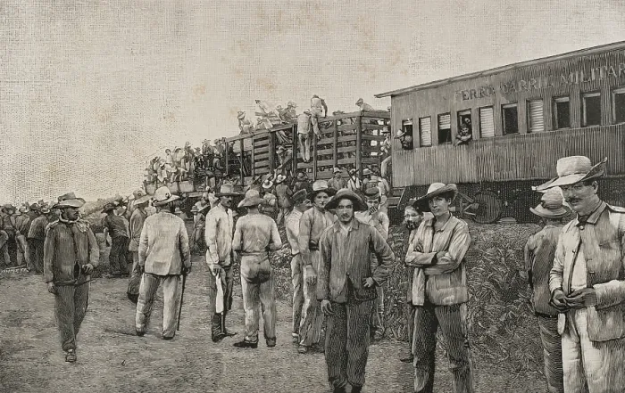 Framed Print : Military train transporting troops, Cuba, Cuban War of Independence (1895-1898), 1898. Creator: Unknown Framed Print : Military train transporting troops, Cuba, Cuban War of Independence (1895-1898), 1898. Creator: Unknown
