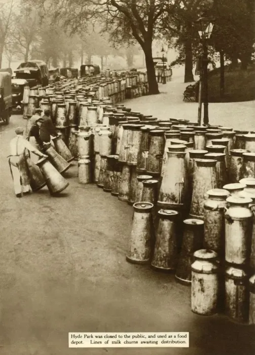 Framed Print : Milk churns at Hyde Park during the General Strike, London, 1926, (1935). Creator: Unknown Framed Print : Milk churns at Hyde Park during the General Strike, London, 1926, (1935). Creator: Unknown